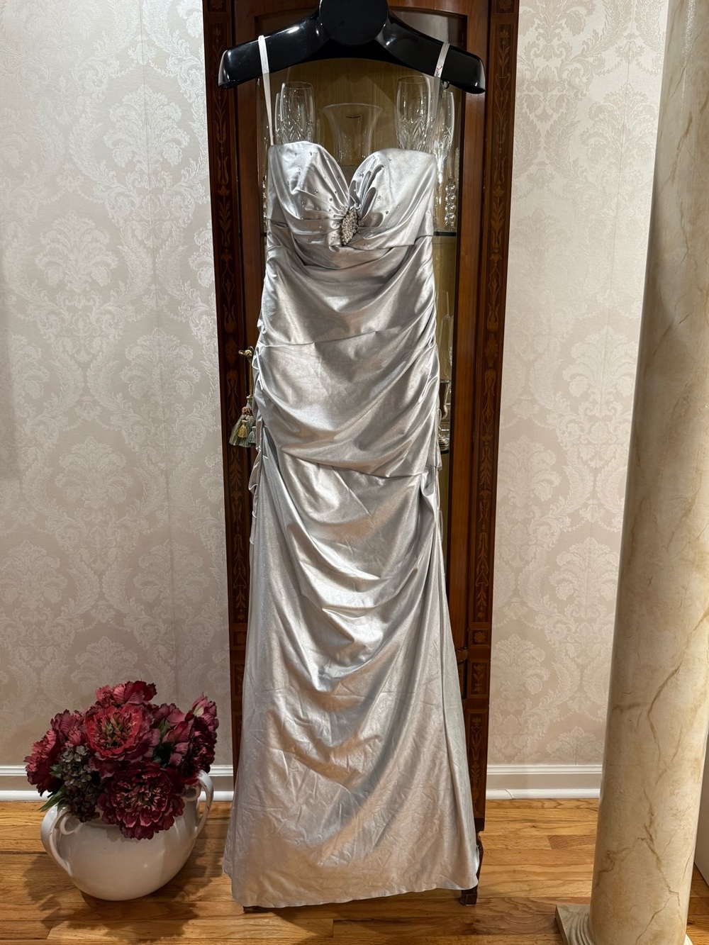 Silver Spaghetti-Strap Evening Wedding Dress